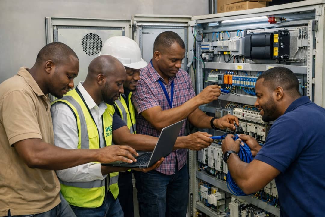 DHCE engineers working together installing and configuring electrical control panel and Building Management System wiring in a facility.