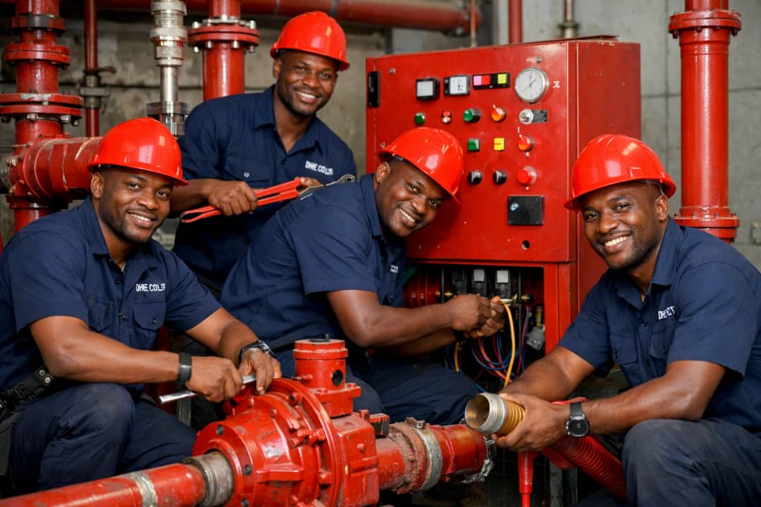 DHCE Co. Ltd engineers installing fire fighting system equipment including fire alarm panels, detectors, and safety devices in a building