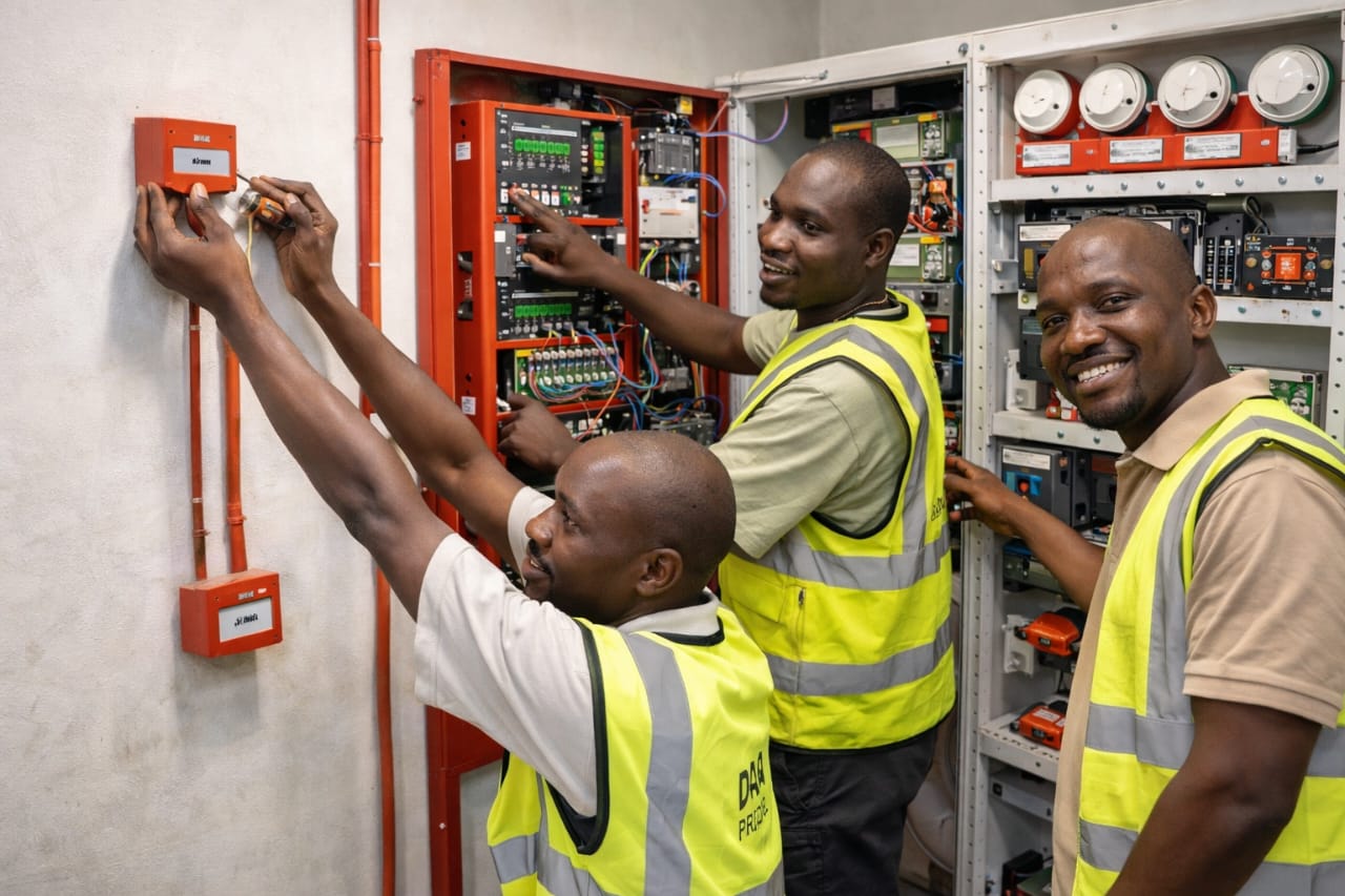 DHCE Co. Ltd engineers installing fire alarm control panel and fire detection devices in a commercial building