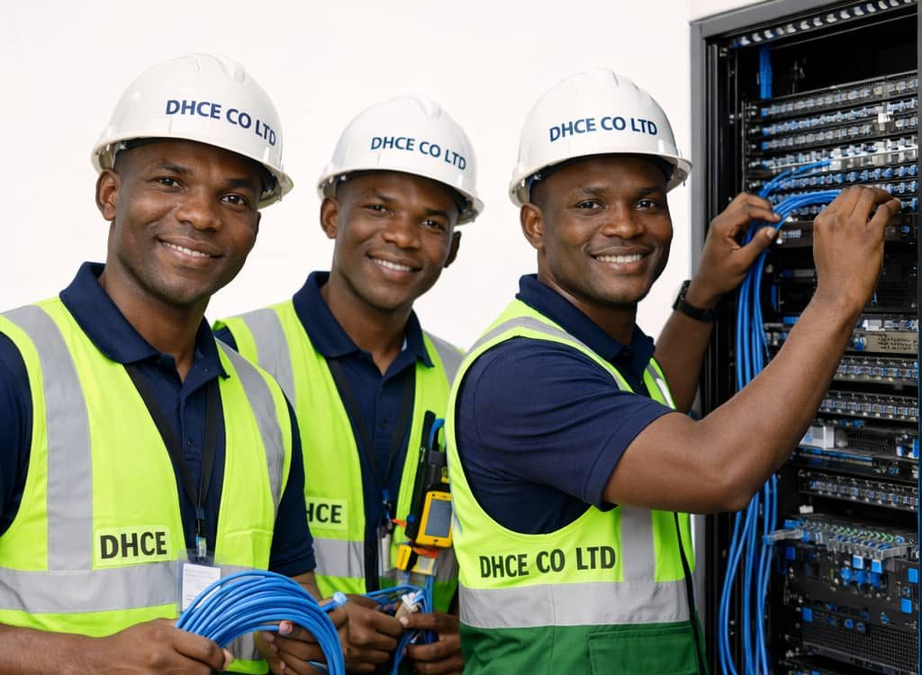 DHCE Co. Ltd engineers installing structured cabling and network infrastructure inside a commercial facility to ensure reliable connectivity
