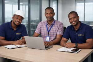 DHCE Co. Ltd mechanical engineering team and supervisor seated at office table coordinating pipe fittings and mechanical systems engineering services.
