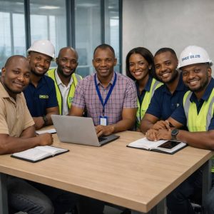 Group photograph of DHCE engineers seated in an office collaborating on Building Management System and technical infrastructure projects.