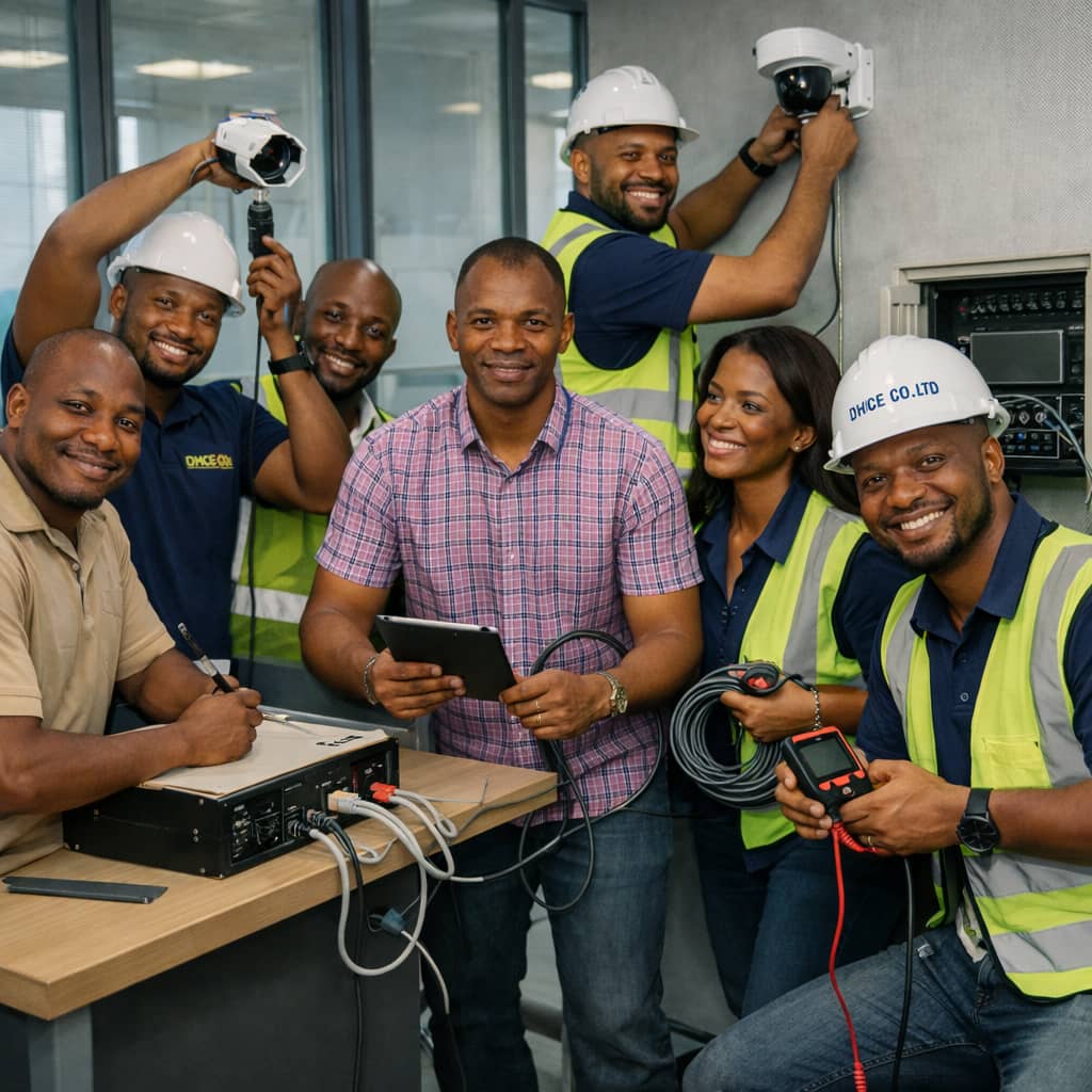 DHCE Co. Ltd security engineers installing CCTV surveillance cameras and configuring monitoring systems inside an office building in Abuja.