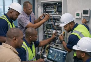 DHCE Co. Ltd engineers installing and configuring Building Management System control panel for centralized building automation and system monitoring in Abuja.