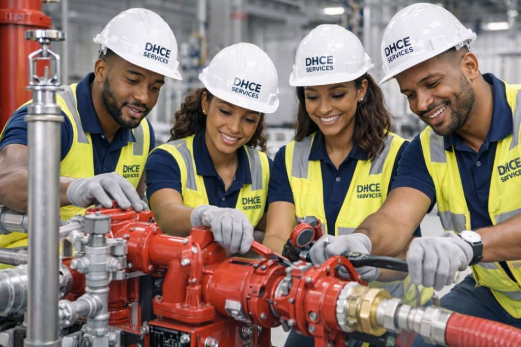 Engineers installing automatic sprinkler system and fire fighting machines for building fire protection and safety compliance