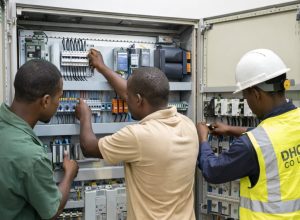 DHCE Co. Ltd engineers performing electrical and mechanical services including control panel installation, wiring, and mechanical system maintenance