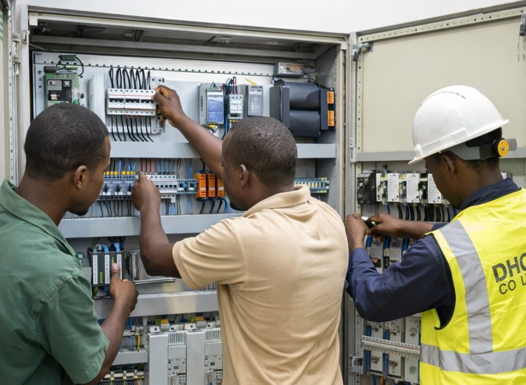 DHCE Co. Ltd engineers performing electrical and mechanical services including control panel installation, wiring, and mechanical system maintenance