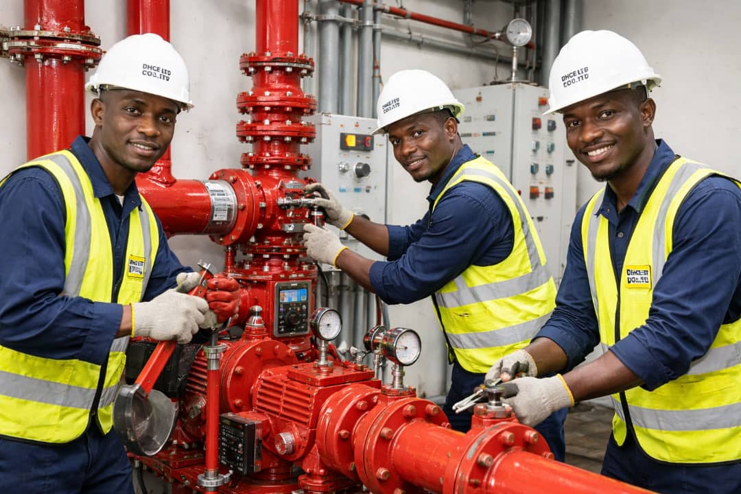 DHCE Co. Ltd engineers installing automatic sprinkler system and fire fighting machines for fire suppression and building safety