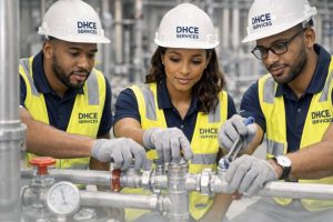 DHCE Co. Ltd mechanical engineers installing pipe fittings and configuring mechanical systems infrastructure in a facility in Abuja. Short Description:
