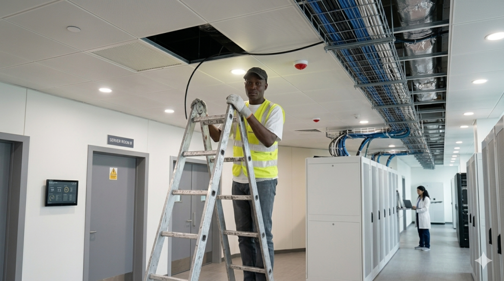 Technician on a ladder installing network cable into the ceiling for structured cabling system.