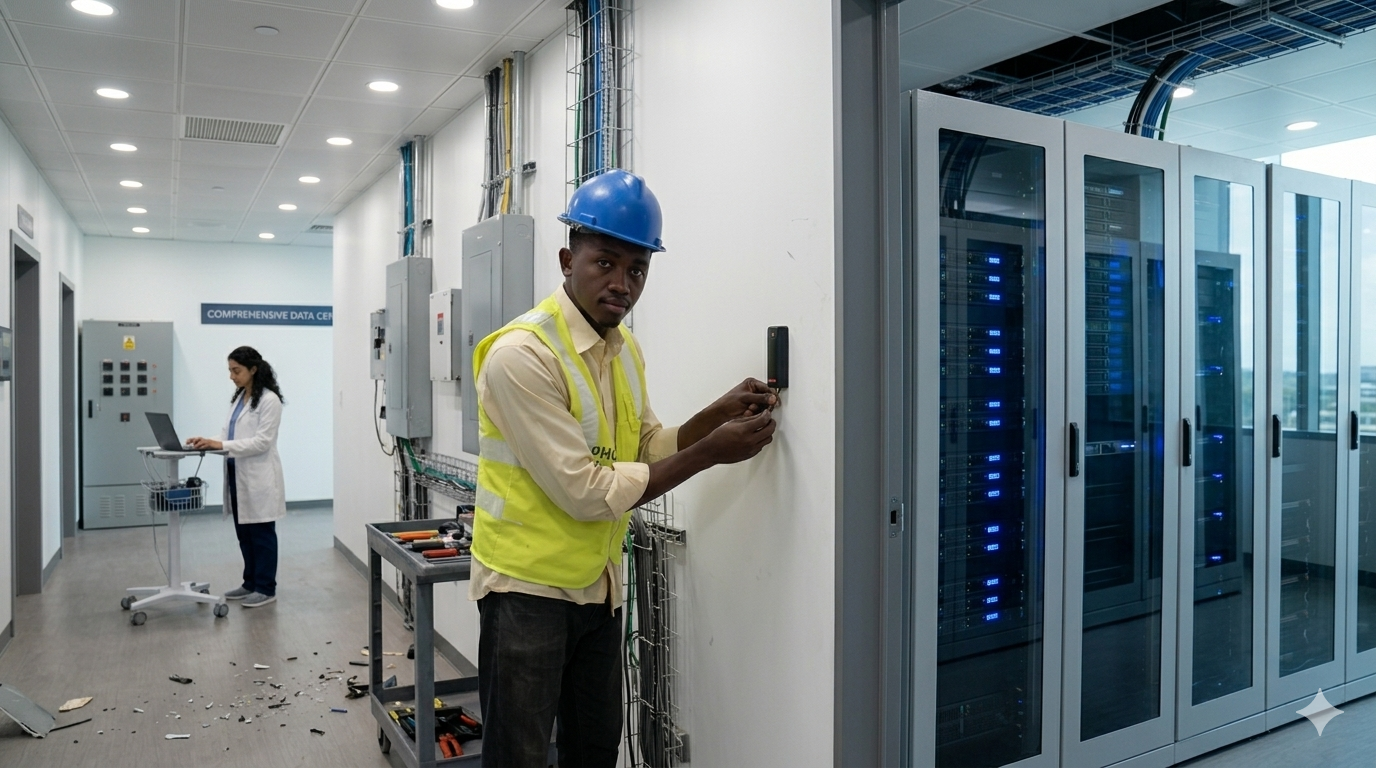 Technician installing an electronic access control card reader on a secure entry door.