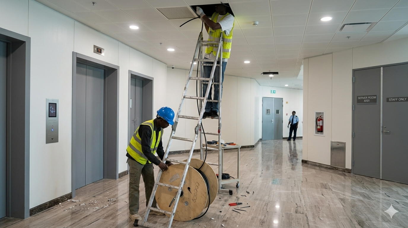 Two technicians installing structured network cables for a building networking system.