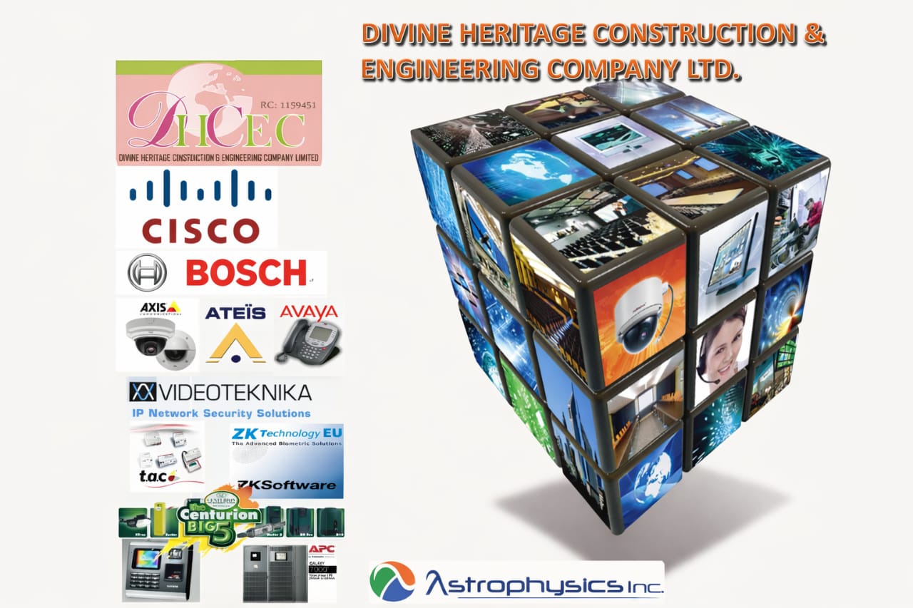 Technology solutions display featuring leading security, networking, and access control brands used in modern surveillance and building management systems.